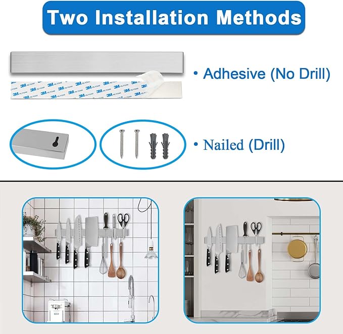 17.5" Magnetic Knife Holder for Wall with Hooks - No Drill Adhesive Mount - 304 Stainless Steel Knife Magnetic Strip-CasaMuseHome