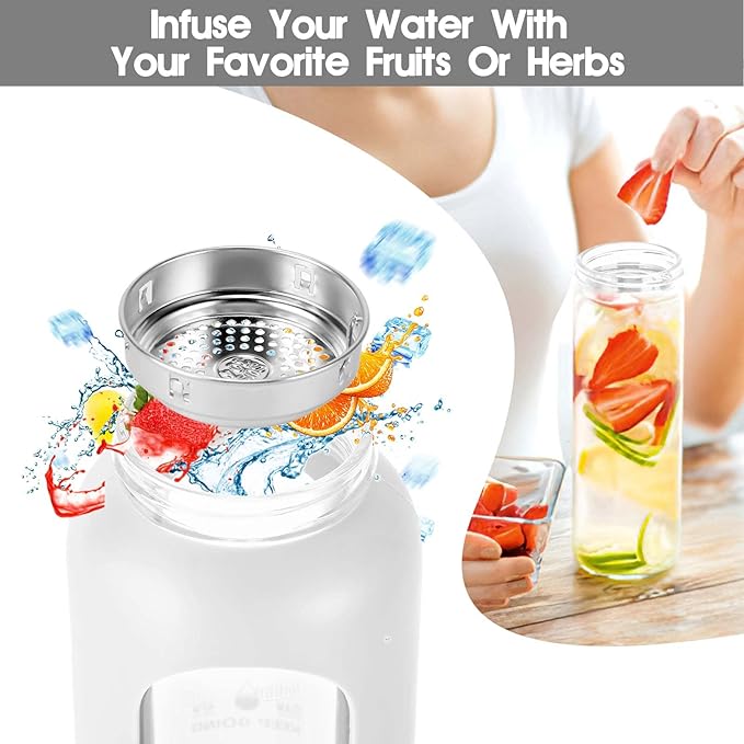 32 oz Glass Water Bottle with Straw - Motivational Time Marker & Silicone Sleeve - Reusable Tumbler Includes 2 Bamboo Lids & Fruit Infuser - 1 Pack-CasaMuseHome