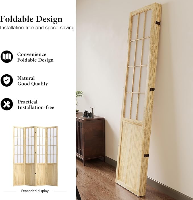 5.6FT Room Divider and Folding Portable Partition Screen, Chinese Japanese Shoji Style for Room Separation - 4 Panel (Natural)-CasaMuseHome