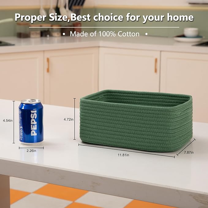4 Pack Small Storage Shelf Baskets for Organizing, Mini Woven Rope Storage Bins for Towels, Cute Decorative Closet Organizer，Baby Nursery, Gift Empty Baskets -11.81''Lx7.87''Wx4.72''H-Green-CasaMuseHome
