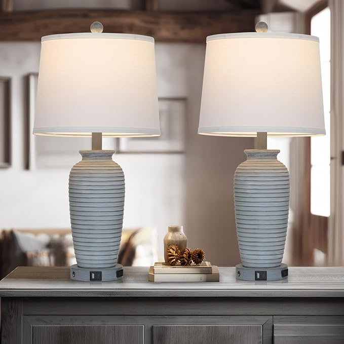 25" Farmhouse Jar Table Lamp Set of 2 Vintage Rustic Lamps for Living Room, Resin Bedside Nightstand Lamps with Linen Lampshades, Retro Pot Lamp for Living Room, Bedroom(LED Bulbs Included)-CasaMuseHome