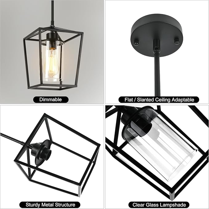 3 Pack Black Pendant Lights for Kitchen Island, 1-Light Farmhouse Metal Pendant Light Cage Kitchen Hanging Light Fixtures with Clear Glass Shade for Dining Room, Entryway, Hallway, Foyer-CasaMuseHome