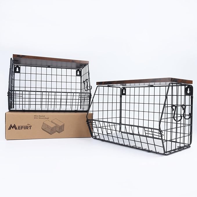 2pcs Fruit Basket Kitchen Storage Basket with Wood Lid, Stackable Wall Basket Fruit Basket for Kitchen, Countertop Organizer for Snack, Fruit and Veggie Storage, 11.8 x 7.9 x 8.5 Inch-CasaMuseHome