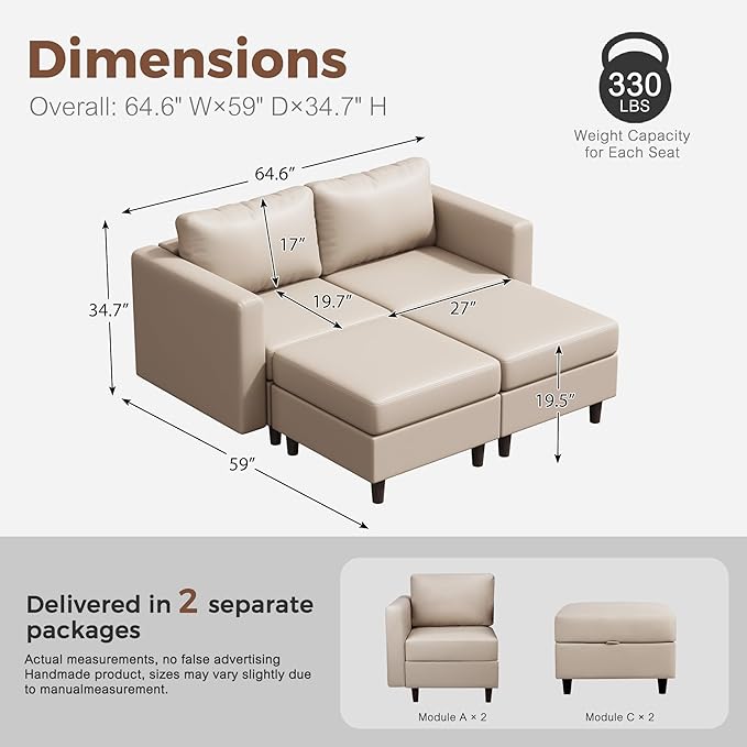 64.6" Faux Leather Loveseat Sleeper Sofa Bed with Storage Seat, Modern Modular Sectional Couch Deep Seat with Reversible Chaise 2-Seat Whitesand for Apartment, Living Room, Bedroom-CasaMuseHome