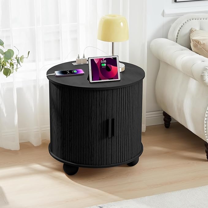 24" Large Fluted Round End Table with Charging Station, Farmhouse Cricle Sofa Side Table with Sliding Door and Storage, Rustic Curved Wood Nightstand for Living Room, Bedroom,Black-CasaMuseHome