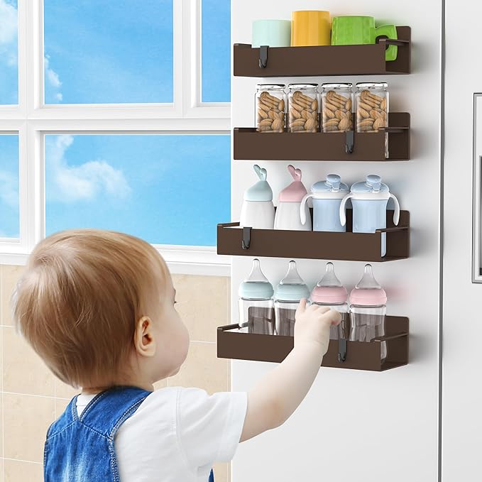 4 Pack Magnetic Spice Rack Organizer for Refrigerator and Oven, Brown Fridge Organizers and Storage for Kitchen-CasaMuseHome