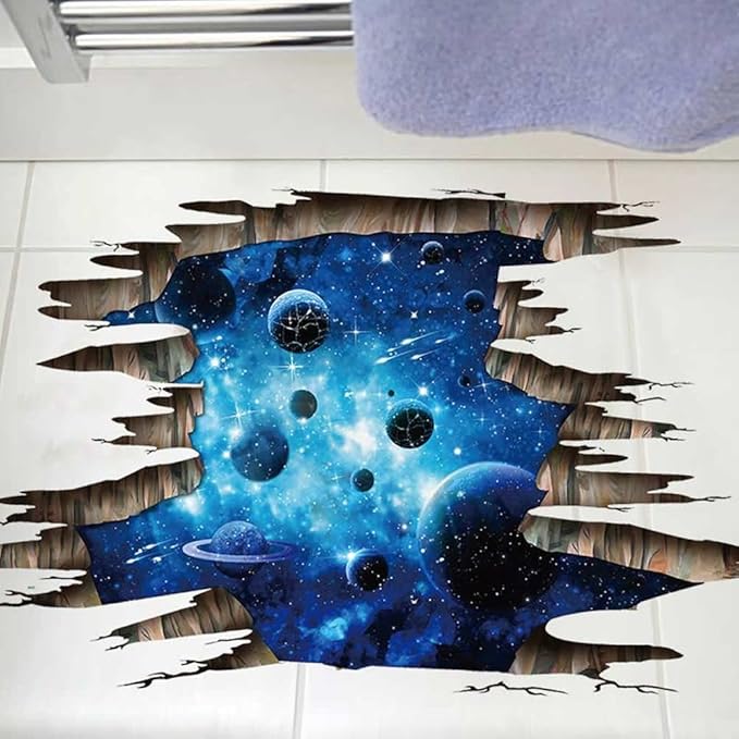 3D Space Floor Sticker,Blue Galaxy Wall Decal-Removable Mural for Kids Bedroom Living Room Milky Way Decorations-CasaMuseHome