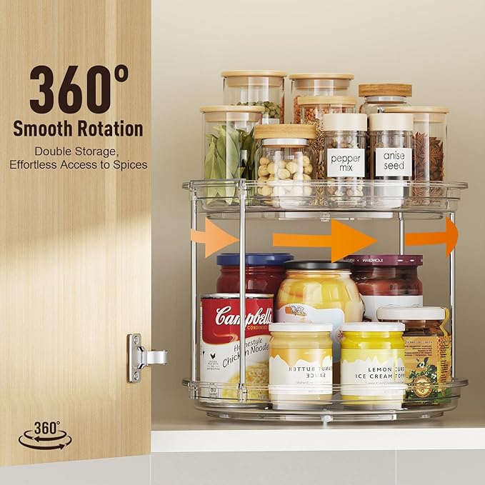 2 Tier Lazy Susan Organizer, 9.25'' Lazy Susan Turntable for Cabinet, Stackable Turntable Organizer Rotating Spice Rack Organization for Kitchen Countertop, Pantry, Bathroom, Clear-CasaMuseHome