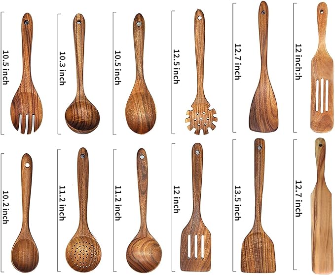 12 Pack Wooden Spoons for Cooking - Natural Teak Kitchen Utensils Set with Spatulas-CasaMuseHome