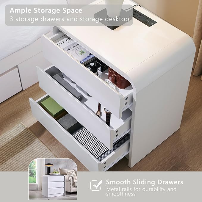25" Tall Modern Nightstand Set of 2, 23.6" Wide Wood Bedside Table with Charging Station, 3 Storage Drawers Side Table w/Curved Profile Design, End Table for Bedroom, White-CasaMuseHome