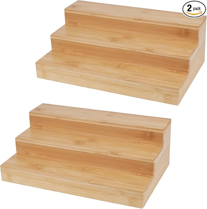 2 Pack Bamboo Spice Rack Organizer for Countertop, 3 Tier Spice Step Shelf for Cabinet (Jars Not Included)-CasaMuseHome