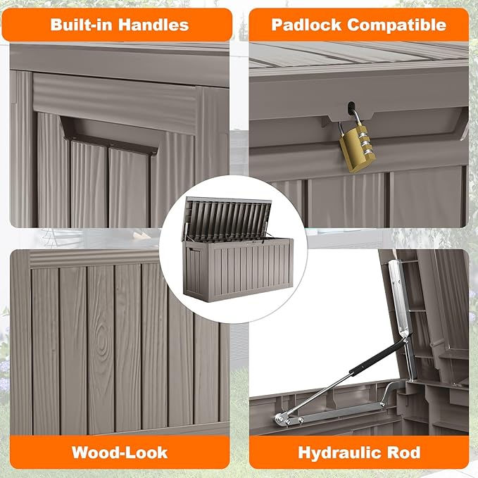 80 Gallon Resin Deck Box, Lockable Patio Outdoor Storage Box for Furniture, Garden Tools and Tools Storage, Waterproof Outside Storage Boxes - Grey-CasaMuseHome