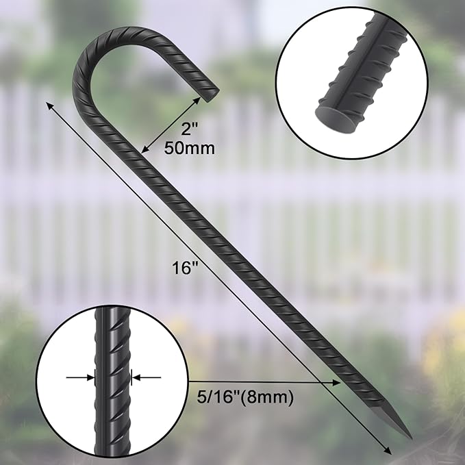 16 Inch Ground Rebar Stakes Heavy Duty J Hook Ground Anchors 40 Pack, Tent Stakes with Chisel Point End, Chain Link Fence Spikes for Bounce House, Gazebos and Outdoor Decorations Inflatables-CasaMuseHome