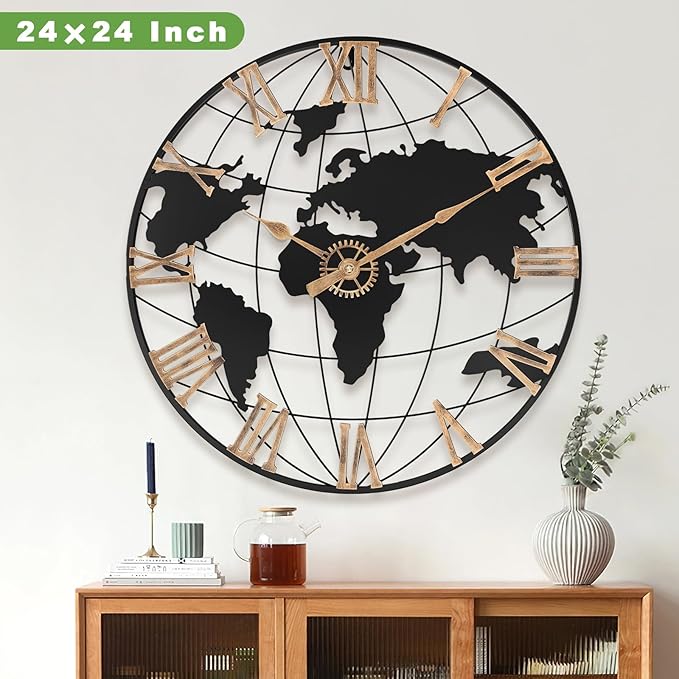 24 Inch Large Wall Clock for Living Room Decor,Big Modern Decorative Silent World Map Metal Wall Clock with Vintage Gold Roman Numeral for Office,Living Room,Kitchen,Dining Room-CasaMuseHome