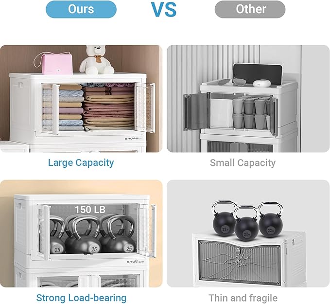 400Qt Stackable Storage Bins with Lids, 100Gal Closet Organizers and Storage Drawer, Plastic Collapsible Storage Bins with Doors, Heavy Duty Store Box Cabinet for Home Kitchen, 4Pack White-CasaMuseHome