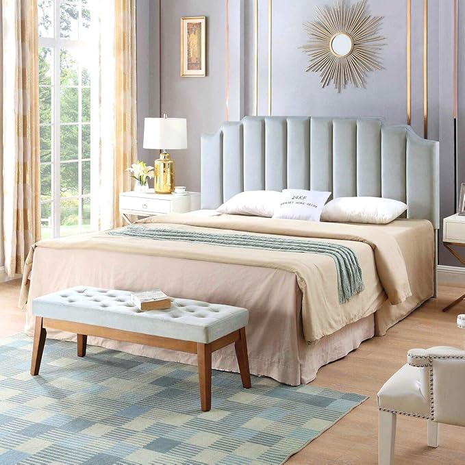 24KF Steel Gray Velvet Tufted King Upholstered Headboard, Modern Vertical Channel Design California King Headboard with Stepped Silhouette Top Edge, Steel Gray-CasaMuseHome