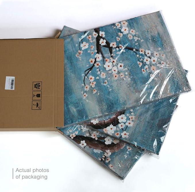 3 Piece Wall Art Hand-Painted Framed Flower Oil Painting On Canvas Gallery Wrapped Modern Floral Artwork for Living Room Bedroom Décor Teal Blue Lake Ready to Hang 12"x16"x3 panel-CasaMuseHome