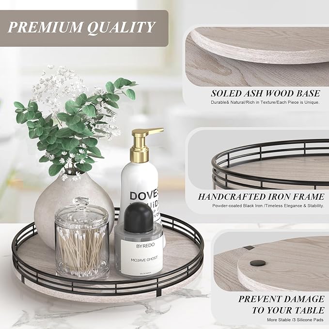 10" Oak Bathroom Vanity Tray Turntable for Perfume Candle, Round Wooden Decorative Tray for Kitchen Sink Countertop Organizer, Bathroom Counter Organizer for Skincare Makeup, Rustic White-CasaMuseHome