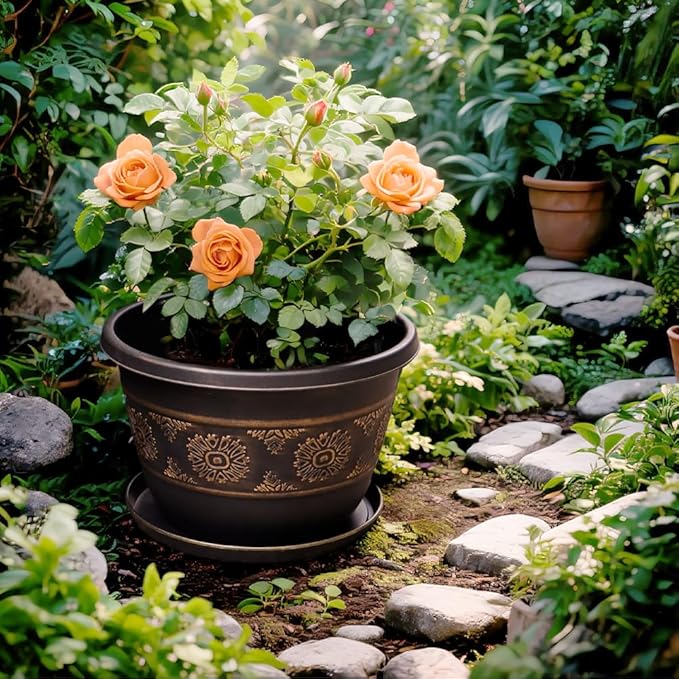 6 Pack 8 inch Plant Pots, Retro Pattern Planters with Drainage Holes and Saucer, Sturdy Plastic Garden Flower Pots for Indoor & Outdoor Plants-CasaMuseHome