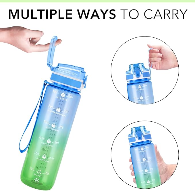 32oz Motivational Water Bottles with Time Marker & Fruit Strainer, Transparent Gradient Color Water Bottle with Times to Drink, Leakproof & BPA Free, Reusable Bottle with Strap (No Straw)-CasaMuseHome