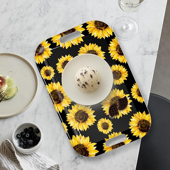 Serving Trays with Handles, 14.5 x 9.8 inch Rectangular Plastic Tray for Restaurant, Kitchen, Sunflower Black Background-CasaMuseHome