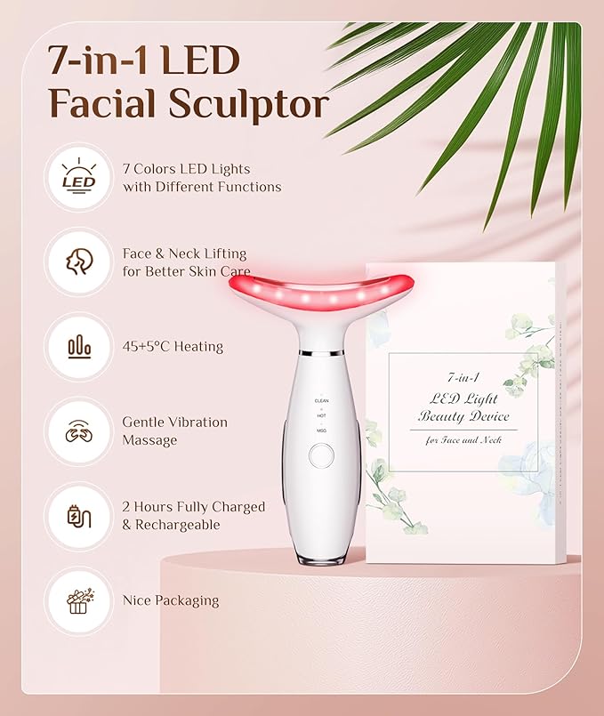 7 Color Galvanic Machines - Red Light Therapy for Face and Neck, Face Massager Tool for Wrinkles, Double Chin, Vibrating Facial Massager with Thermals, White-CasaMuseHome