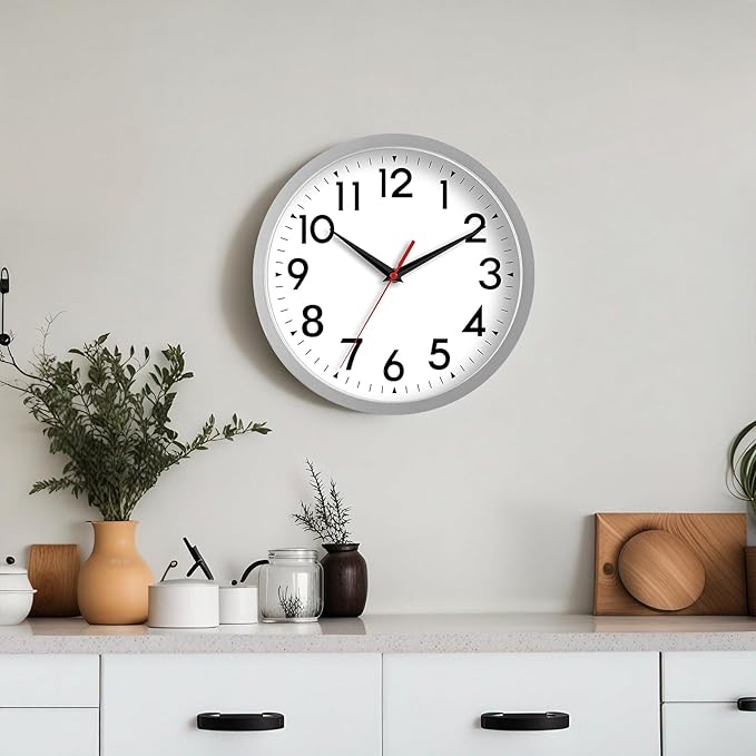 12 Inch Wall Clock Battery Operated Silent Non Ticking Analog Modern Decorative for Office Kitchen Outdoor Living Room Classroom Bedroom Bathroom School(Silver)-CasaMuseHome