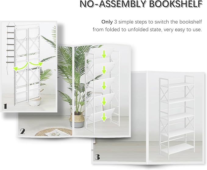 4NM 5 Tiers No Assembly Book Shelves, 51.2" H Folding Bookshelf Bookcase Open Industrial Foldable Shelves for Bedroom, Living Room, Home Office - All White-CasaMuseHome