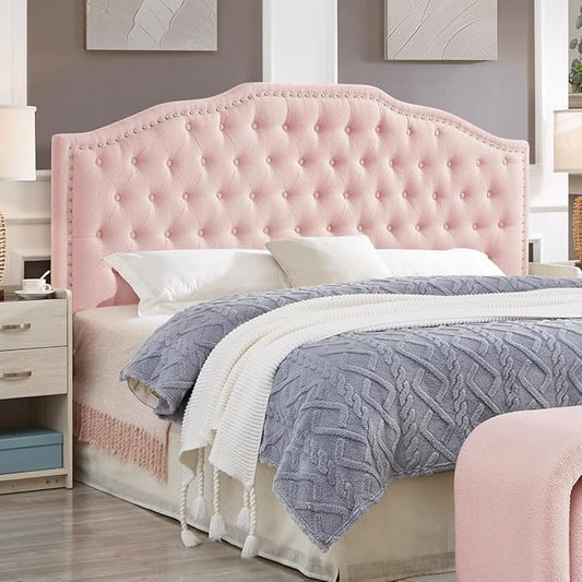24KF Upholstered Button Tufted King Size Headboard with Nailhead Trim, Elegant Boucle Fabric California King headboard, 6031-K-Boucle-Pink-CasaMuseHome