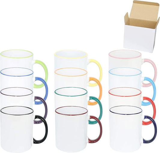 11oz White Ceramic Sublimation Coffee Mug in White Gift Box, 12 Mixed Colors Banded, Case of 12-CasaMuseHome