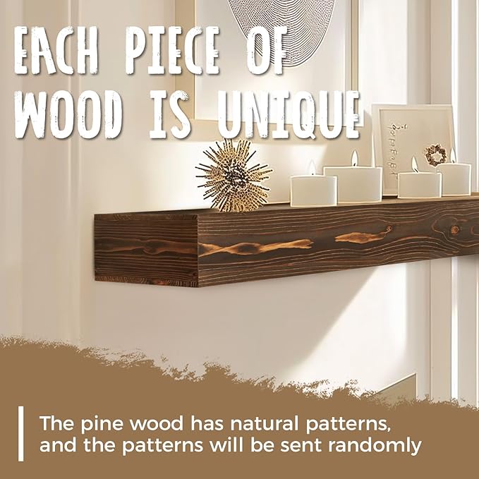 60x8x3 Fireplace Mantel - Handcrafted Hollow Rustic Solid Wood Wall Mounted Floating Shelf with Invisible Heavy Duty Wood Bracket (Weathered Brown)-CasaMuseHome