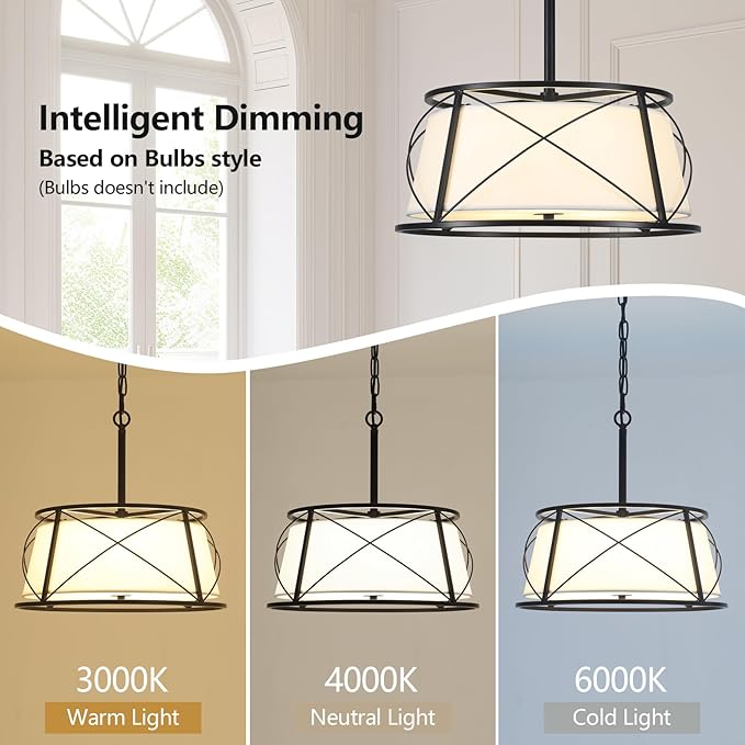 15.7" Black Drum Chandelier,3-Light Modern Farmhouse Chandelier,White Fabric Drum Shade Pendant Light Fixture for Dining Room Kitchen Island Bedroom Entryway-CasaMuseHome