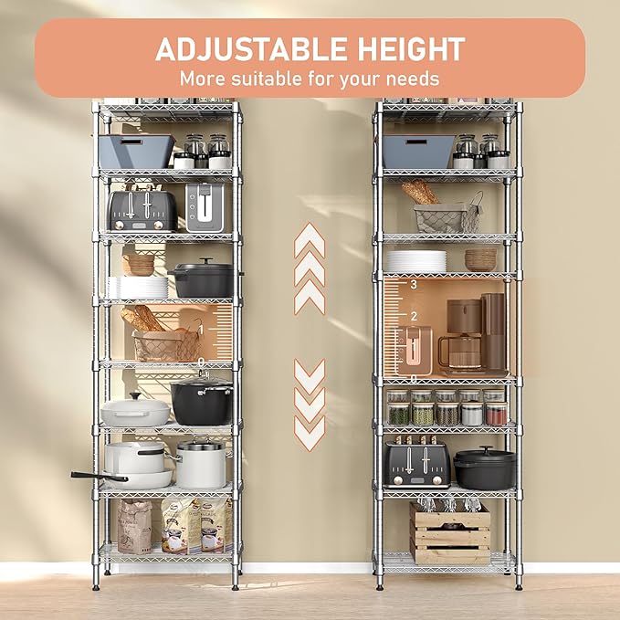 8 Tier 2000 lbs Storage Rack Metal Wire Shelving Unit, Storage Standing Shelf Organizer for Laundry Bathroom Kitchen Pantry Closet Garage Utility Room, Chrome 13.8" D x 23.6" W x 79.5" H-CasaMuseHome