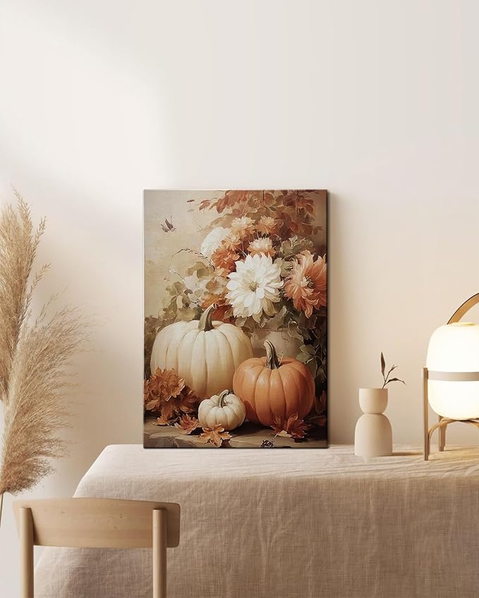 AbcCustomize Vintage Pumpkin Floral Wall Art Decor, Rustic Fall Daisy Flowers Canvas Print for Farmhouse Autumn Decor, Thanksgiving Decorations for Living Room Kitchen Dining Room, Ready to Hang-CasaMuseHome