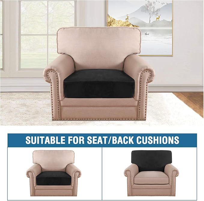 H.VERSAILTEX Velvet Stretch Couch Cushion Cover Plush Cushion Slipcover for Chair Cushion Furniture Protector Seat Cushion Sofa Cover (1 Piece Armchair Cushion Covers, Black)-CasaMuseHome