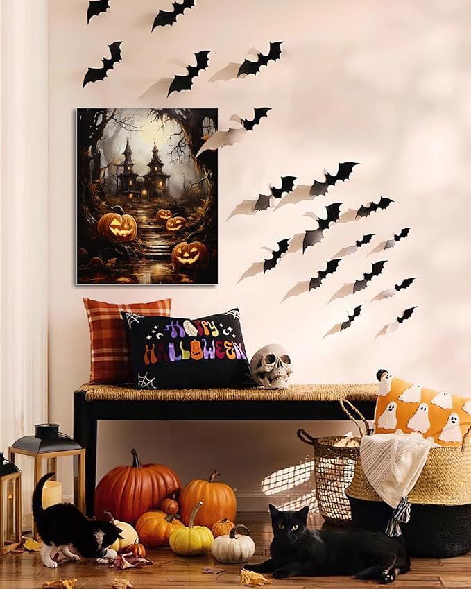 AbcCustomize Halloween Canvas Wall Art - Spooky Haunted House & Eerie Pumpkins Poster, Gothic Fall Decorations for Home, Vintage Halloween Decor Indoor for Living Room, Bedroom & Party-CasaMuseHome