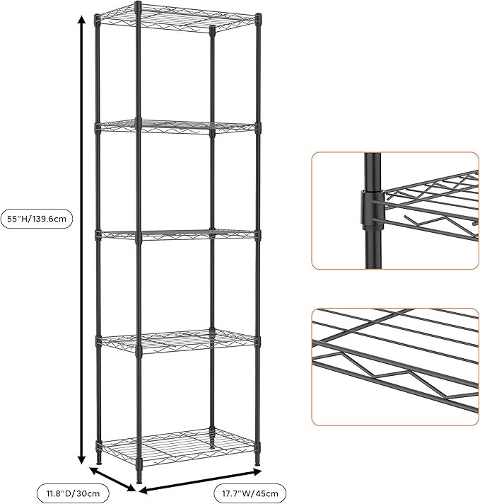 5 Tiers Shelf Metal Storage Shelves Wire Rack Closet Organizers with Wheel for Garage Kitchen Bathroom Laundry Black 11.8" D x 17.7" W x 55" H-CasaMuseHome