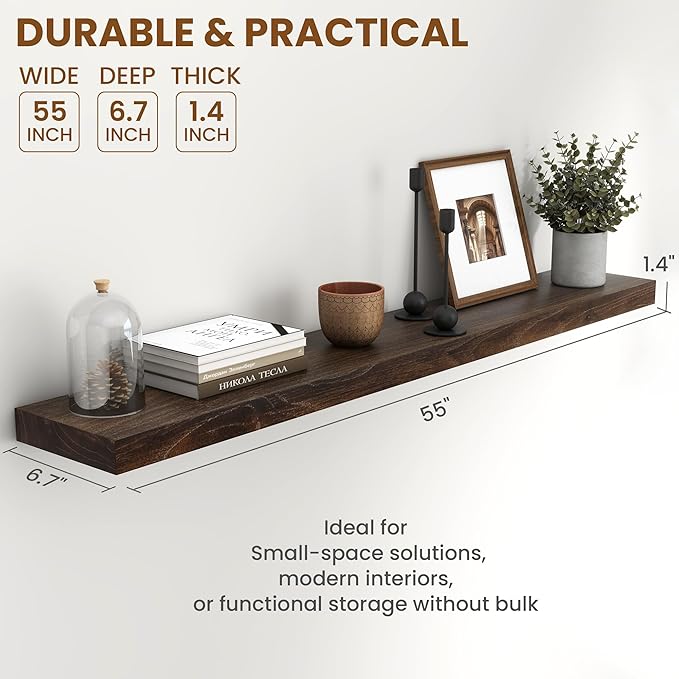 55" Floating Shelves for Wall, Rustic Elm Wood Floating Shelf for Home Decor, Wall-Mounted Display Shelves with Heavy-Duty Bracket, Long Floating Shelf for Bathroom, Kitchen, Living Room, Walnut Color-CasaMuseHome