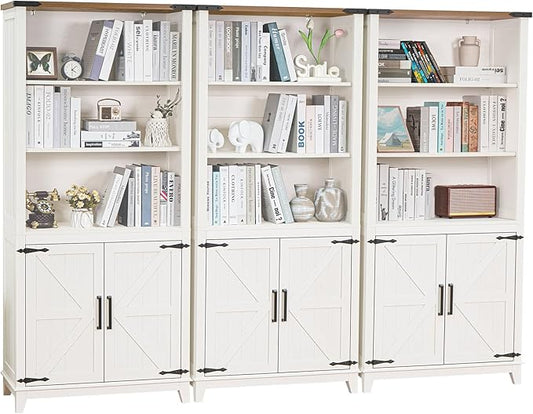 70in Tall Bookshelf 5 Tier Bookcase with Barn Doors and Storage Cabinet, White Farmhouse Book Shelf with Adjustable Shelves, Wood Freestanding Display Bookshelves for Bedroom, Kitchen (3PCS)-CasaMuseHome