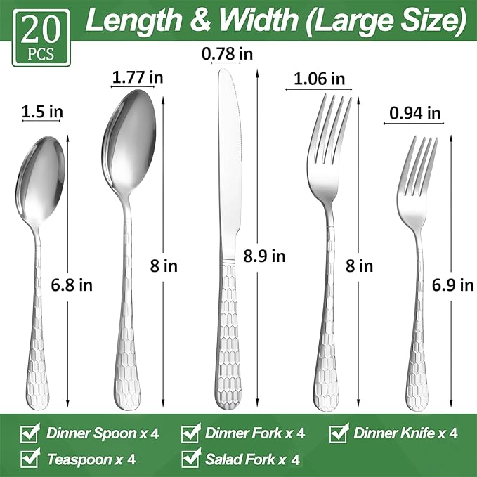 20 Pcs Silverware Set for 4 with Water Cube Handle design, Food Grade Stainless Steel Flatware Set, Eating Utensils Sets Include Fork/Knife/Spoon, Reusable Cutlery Set, Dishwasher Safe-CasaMuseHome