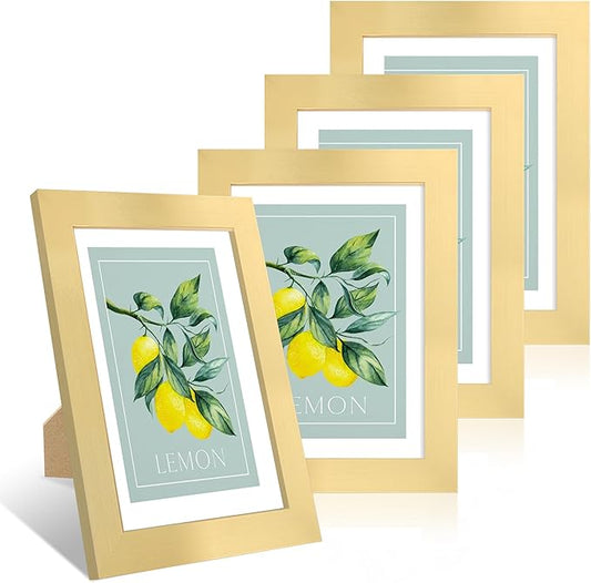 5x7 Picture Frame Set of 4, 5 x 7 Wood Photo Frames with Mat for 4x6, Wooden Frame with Real Glass Cover for Wall and Tabletop Display,Gold-CasaMuseHome