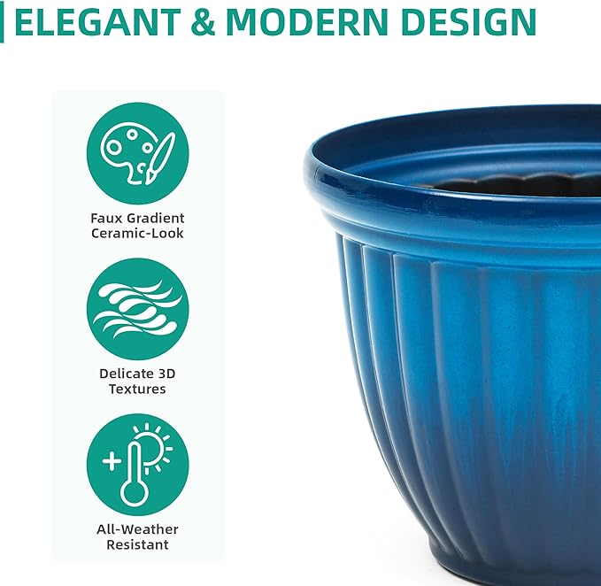15" H Large Flower Pots, Set of 2 Plastic Planters for Outdoor Plants with Gradient Blue Finish and 3D Textures, Weather-Resistant for Porch, Garden, Patio or Indoor Use-CasaMuseHome