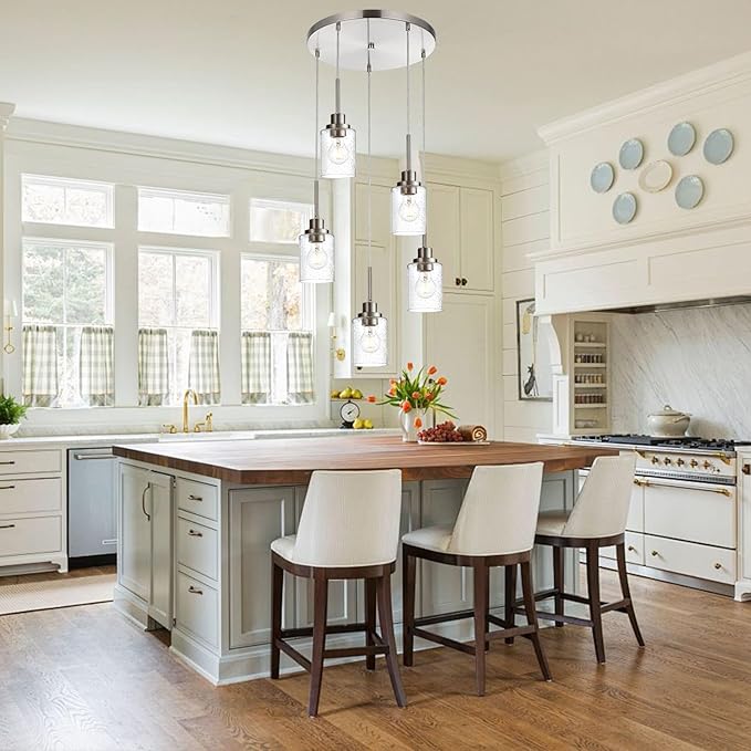 5 Light Farmhouse Pendant Lighting for Kitchen Island,Brushed Nickel Dining Room Cluster Pendant Light Fixtures Hanging Ceiling with Seeded Glass,Modern Pendant Light for Entrance Stairwell-CasaMuseHome