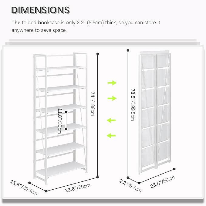 4NM No Assembly Foldable Bookshelf, 6-Shelf Collapsible Bookcase Storage for Small Spaces, 74" H, All White-CasaMuseHome