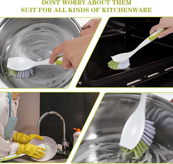 8 Pcs Dish Brush with Handle Kitchen Scrub Brush Pot and Pan Cleaning Brush Dish Scrubber with Stiff PET Bristles for Cookware Sink Washing Household, Green, 11 x 3.1 x 0.98 Inch-CasaMuseHome
