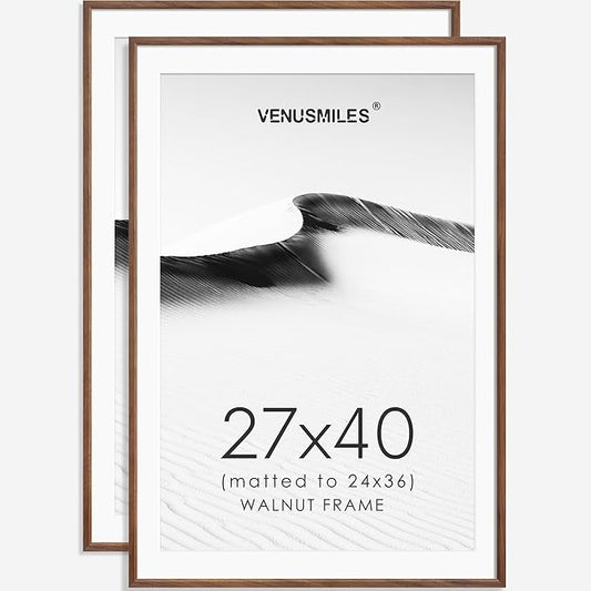 27x40 Poster Frame Set of 2 Natural Solid Walnut Photo Frames with 24x36 Removable Mat Wall Hanging Large Handcrafted Frame with HD Plexiglass Wall and Tabletop Display Large Picture Frame-CasaMuseHome