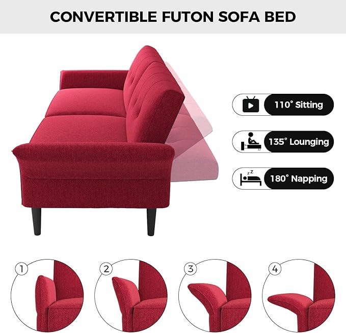89” Futon Sofa Bed, Linen Comfy Futon Couch Bed with 2 Square Pillows, Convertible Sleeper Sofa with Adjustable Backrest& Armrests, Modern Loveseat Sleeper for Living Room, Bedroom, Red-CasaMuseHome