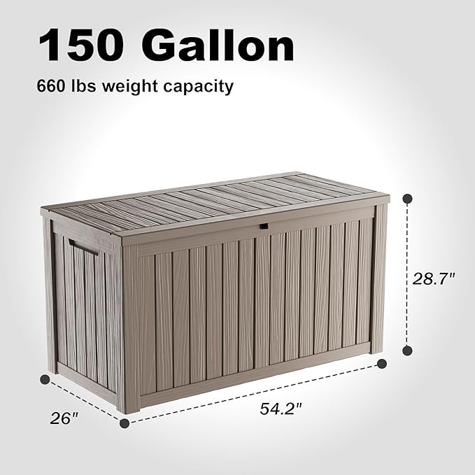 150 Gallon Deck Box,Resin Outdoor Storage Box with Lockable for Patio Furniture, Pool Accessories, Garden Tools Waterproof Outside Storage Box, Grey-CasaMuseHome