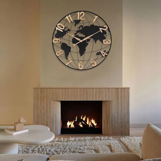 30 Inch Extra Giant Large Wall Clock Oversized,Black Big Metal Modern Decorative Silent World Map Wall Clock with Vintage Gold Arabic Numeral for Office,Living Room,Kitchen,Dining Room Decor-CasaMuseHome