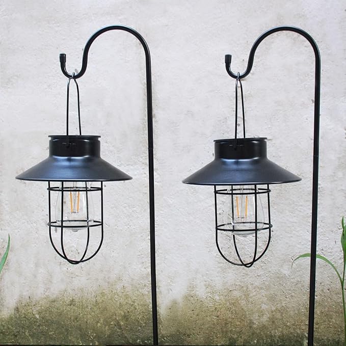 4 Pack Hanging Solar Lantern Lights with Shepherd Hook, Metal Waterproof Warm White Edison Bulb Lights for Garden Outdoor Pathway-CasaMuseHome